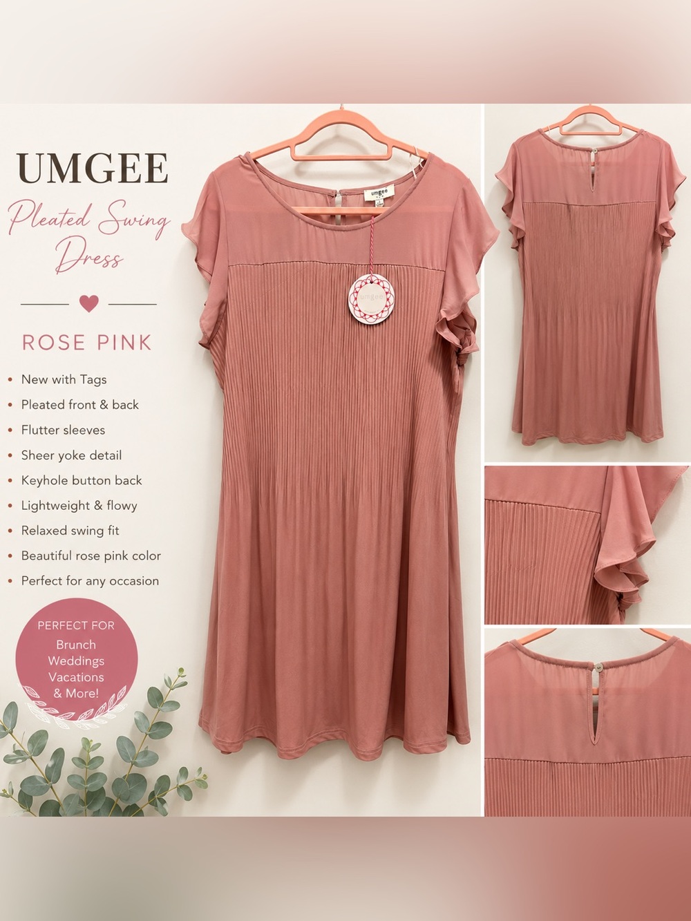 Umgee Dusty Mauve Pleated Chiffon Shift Dress